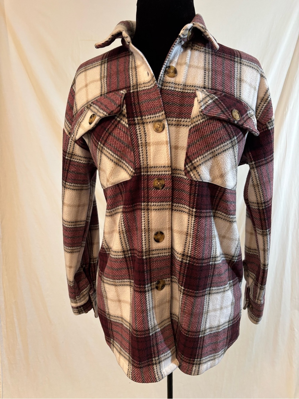 Plaid Fleece Button Shacket XS S Burgundy Cream Oversized Cabincore Shirt Jacket